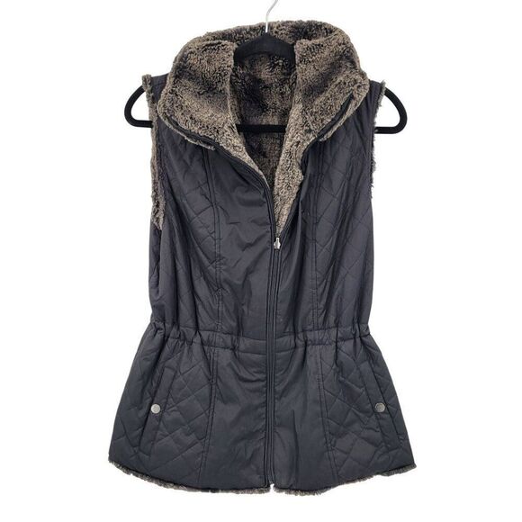 Reversible Womens Giacca Gray Vegan Faux Fur Vest Black Quilted Vest Sz L Pocket - Picture 2 of 16